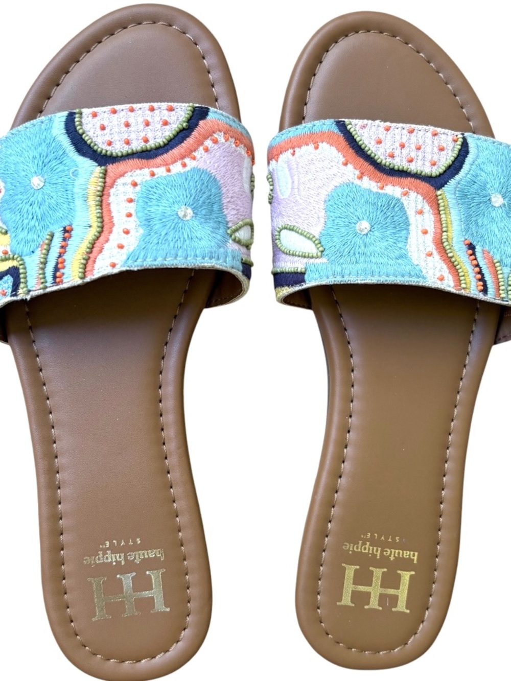 sandals HAUTE HIPPIE mules slides embroidered colorful 8.5 flat
